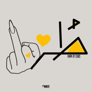 Illustration of a middle finger with yellow hearts and the Arabic word "طُز" meaning "F*ck it", in a bold modern style.
