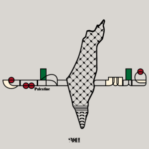 Palestine Map Kufiyeh Art Design in Arabic with the map in the middle of the word