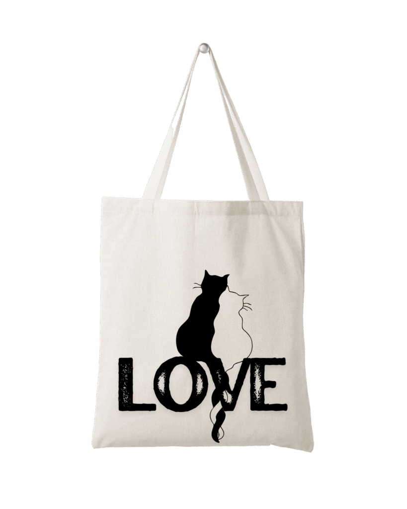 tote bag with a design that shows two cats from the back with the word LOVE under them.