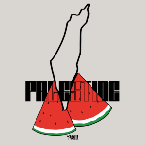 Palestine Watermelon Map of Palestine standing between to watermelon slices with the word Palestine enterwined