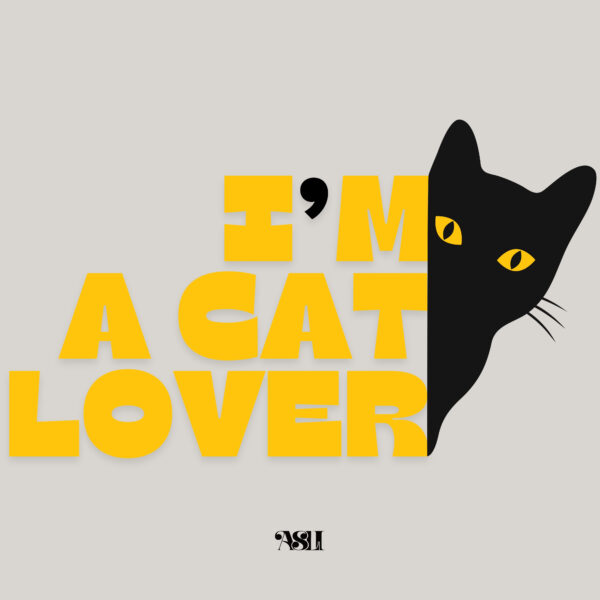 Black cat peeking from the word "Cat Lover" in bold yellow letters