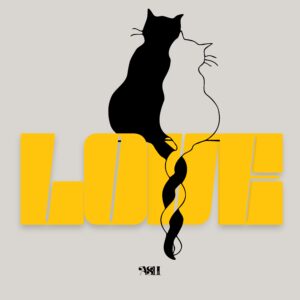 Two cats sitting close, tails forming the word "LOVE" in yellow
